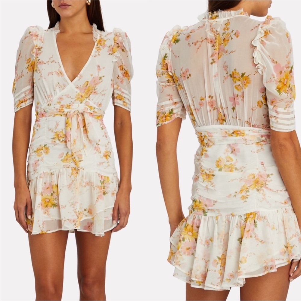 LoveShackFancy Floral Mini Dress - White and Yellow 100% silk